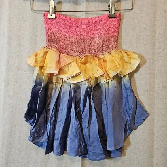 Chaser Smocked Tube Top With Tiered Ruffle Tie Dye Red Yellow Blue Rainbow XS - Picture 2 of 7